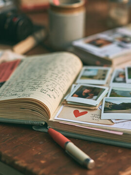 Open Vintage Diary Journal with Handwritten Notes and Instant Polaroid Photos with Red Heart