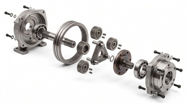 Planetary Gearbox Assembly - 3D illustration of Exploded and cutaway view of a
complex planetary gear reduction system
