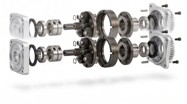 Planetary Gearbox Assembly - 3D illustration of Exploded and cutaway view of a
complex planetary gear reduction system
