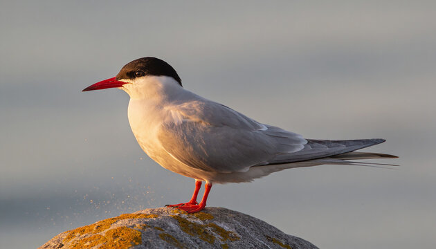 Common tern with a vibrant red bill and feet perched on a sunlit rock during golden hour