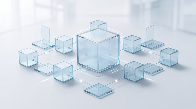 Interconnected glass data cube nodes forming a decentralized business network architecture with glowing light pathways representing scalable digital transformation systems