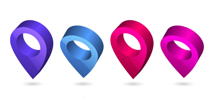 Set of four colorful 3d map pointer location icons isolated on white transparent background