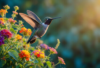 Naklejka premium Pollination and biodiversity concept, hummingbird hovering over colorful lantana flowers in a sunny garden during spring for nature conservation