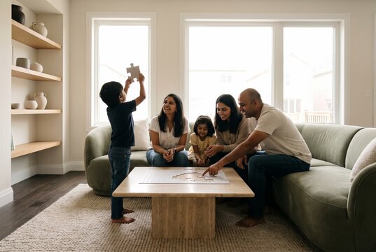 Family doing a jigsaw puzzle together at home