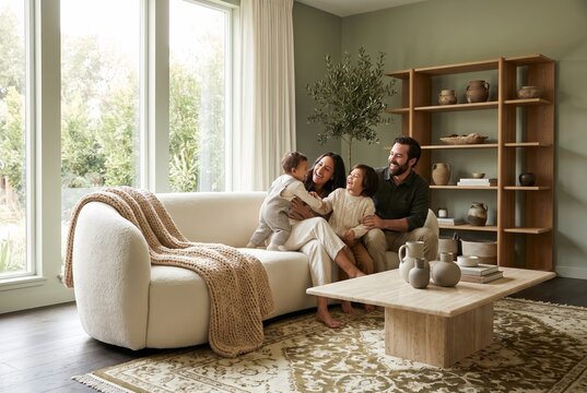 Family sharing a group hug in the living room