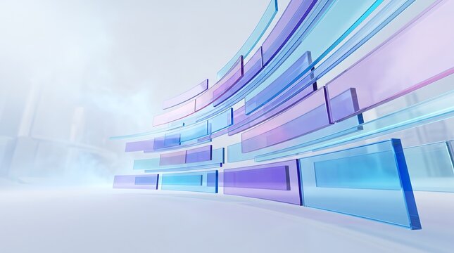Flowing transparent glass panels in curved formation with soft blue and purple gradient lighting in minimalist futuristic business environment for data visualization concept