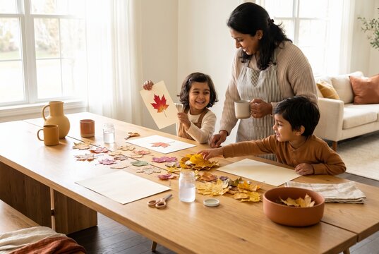 Children doing autumn leaf crafts at the table
