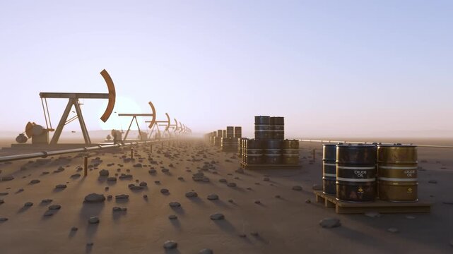 Crude Oil Barrels And Pump Jacks Extraction In Desert Sunset Energy Market Economy