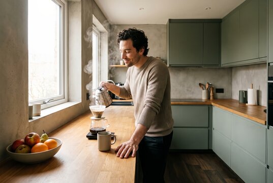 Man making coffee alone in a modern kitchen