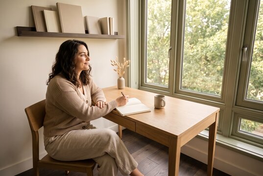 Woman journaling at a desk by the window