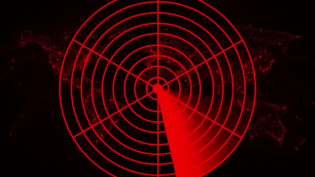 Red HUD global radar display featuring concentric target rings, a rotating sector sweep beam, a dotted digital world map, and interconnected telemetry network arcs set against a black background. 