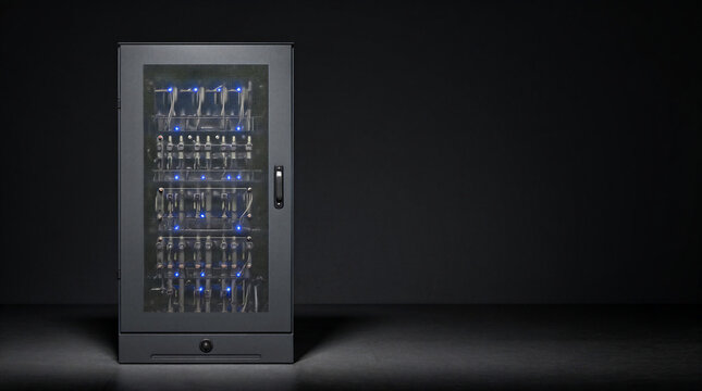 Traction converter cabinet featuring graphite steel enclosure and stacked module bays behind mesh