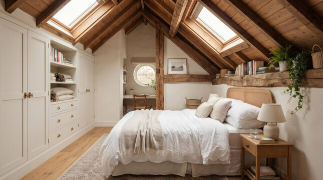 Cozy attic bedroom with exposed timber beams and skylight windows in a rustic home interior