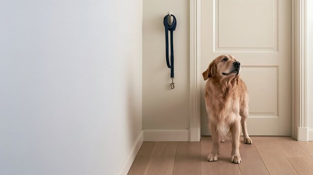 Golden Retriever waiting in a home hallway beside a closed white door and hanging blue leash. Routine dog walks, timely toilet breaks and pet care for changing bladder control needs