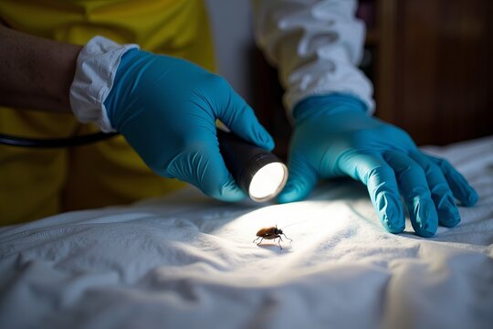 Inspecting for Bed Bugs: Worker in Protective Gear Uses Flashlight for Treatment and Extermination Process in Bedroom