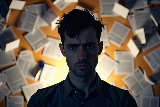 Close-Up Shot of Man's Silhouette: Confused and Overwhelmed Amid Scattered Papers, Signifying Chaos of ADHD, Stress, and Depression
