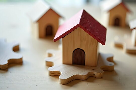 Macro photograph of interconnected miniature house puzzle pieces and tangram forming a wooden toy real estate concept.