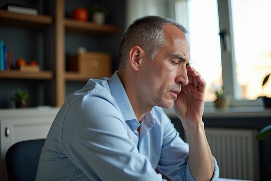 Living with Vertigo and Vestibular Disorders: A Man's Struggle at Home Holding His Ear in Pain.