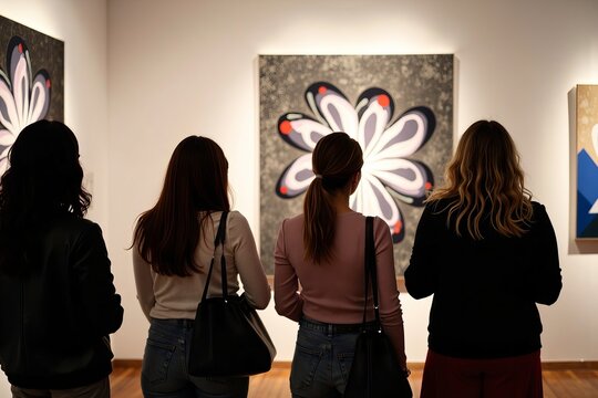 Group of Women Admiring Modern Abstract Art Exhibit at Gallery