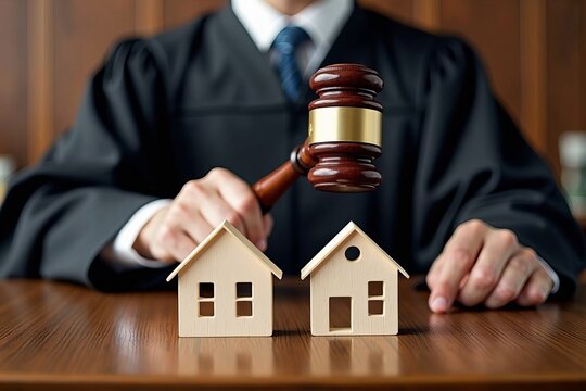 Photo Concept: Capturing the Symbolism of a Judge's Gavel in a Divided House on a Wooden Desk, Signifying Legal Matters in a Courtroom Environment