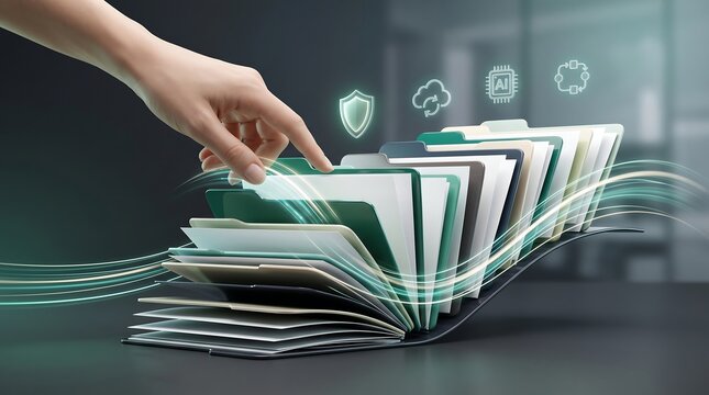 Corporate hand organizing digital file folders with artificial intelligence and security shield holograms for secure business document management and storage solutions