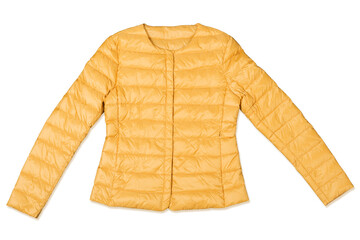 Mustard yellow lightweight puffer jacket without collar isolated on white background flat lay © aneduard