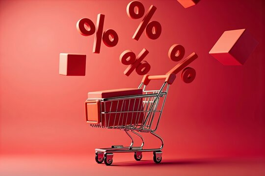 Energetic Close-Up Shot of Sale Percentages Dropping into Shopping Cart on Vibrant Red Background, Representing Discounts and Savings in Online Shopping.