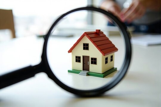 Examining Real Estate: Miniature House Model Close-up Shot Through Magnifying Glass on Table