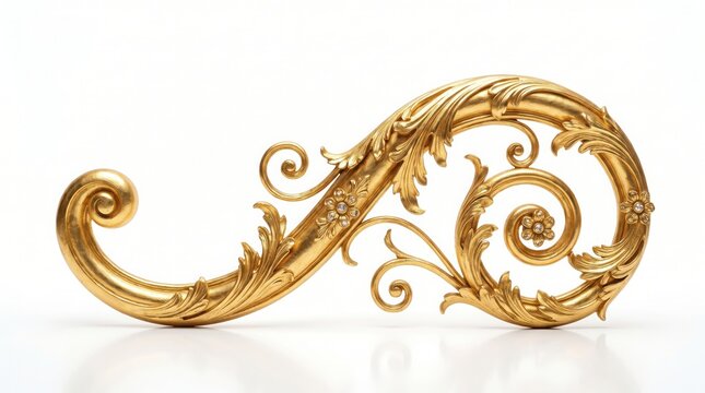 Ornate gold rococo style decorative scroll element with floral carvings and embedded crystals, isolated on white background