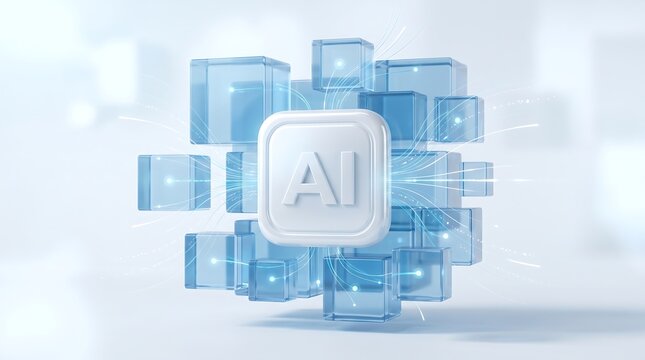 Artificial intelligence icon embedded in glowing glass cubes connected by light threads representing advanced technology and corporate machine learning 3D render