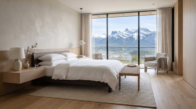Modern luxury bedroom with white bedding overlooking a snowy mountain landscape