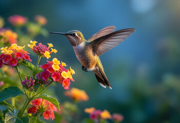 Naklejka premium Pollination and biodiversity, hummingbird hovering near colorful lantana flowers in a garden for environmental conservation and wildlife nature photography