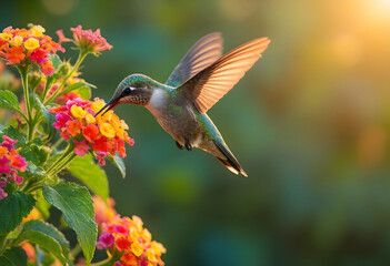 Naklejka premium pollination and biodiversity, hummingbird feeding on lantana flowers in a garden with soft sunlight and natural bokeh background