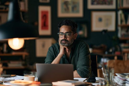 Focused Indian Entrepreneur Thinking While Working on Laptop in Home Office