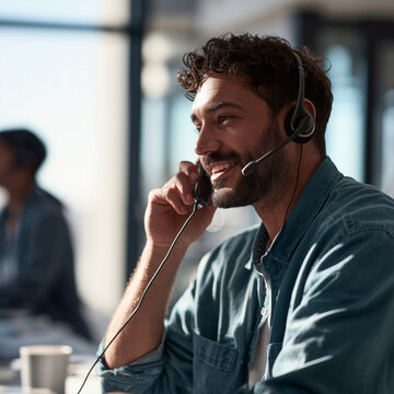 Young Male Customer Service Agent Answering Phone in Modern Call Center