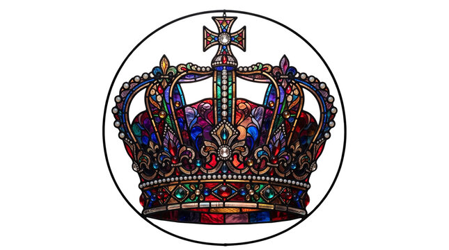 Stained Glass Royal Crown Symbol, Colorful Regal Glassware Crest, Vintage Christian Cross Tiara Artwork