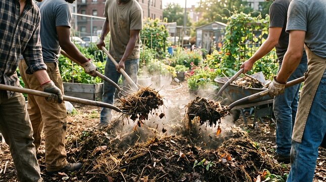 Group of people turning a large compost heap with pitchforks in a