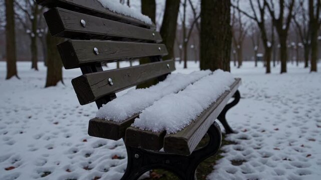 Snow covered park bench rests in quiet winter park. Wooden seat and back sit among bare trees and fresh snowfall, creating calm, cold atmosphere with empty path and still landscape.