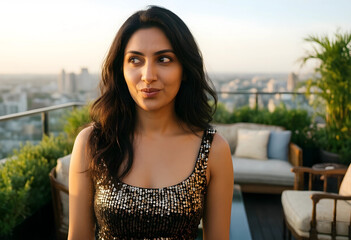 Naklejka premium Urban lifestyle and evening leisure, young woman in sequin top relaxing on rooftop terrace with city skyline view during golden hour sunset