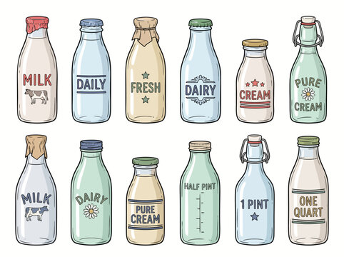 Illustrated Variety Of Dairy Milk Bottles.