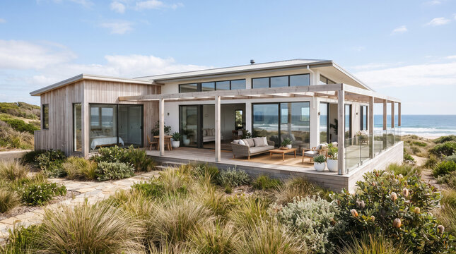 Modern coastal residence with timber cladding and outdoor patio overlooking the ocean under a clear blue sky.