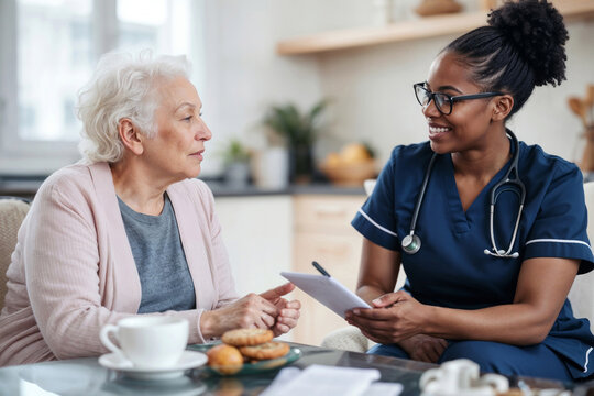 Portrait of black nurse visits elderly woman at home for consultation. Healthcare worker in uniform talks with senior lady, taking notes in kitchen
