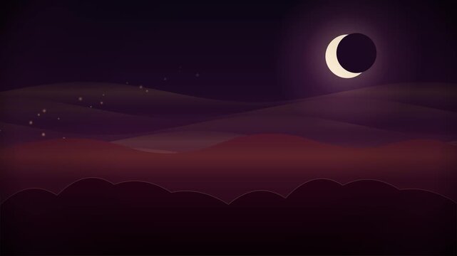 Stylized lunar eclipse over dark rolling hills in a starry sky