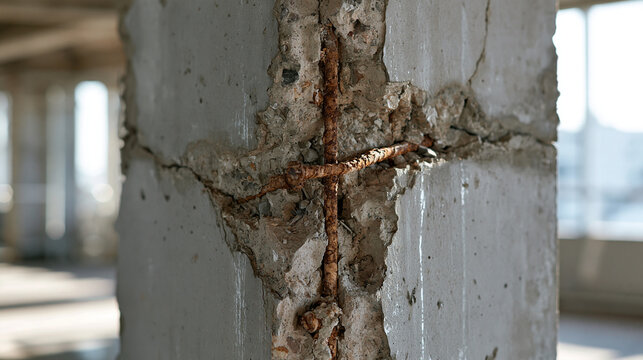Damaged concrete column and beam junction with significant structural cracks and spalling concrete exposed rusty rebar at the corner gray building interior in daylight damaged concrete