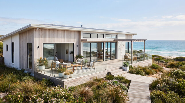 Modern coastal residence with timber cladding and patio overlooking the ocean
