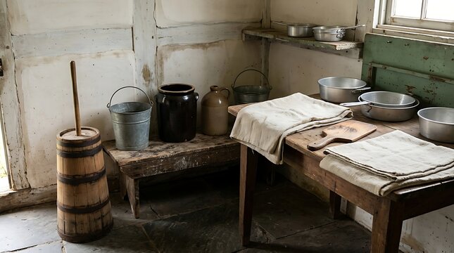 Rustic interior of a vintage farmhouse kitchen featuring antique wooden butter churn and weathered wooden work table