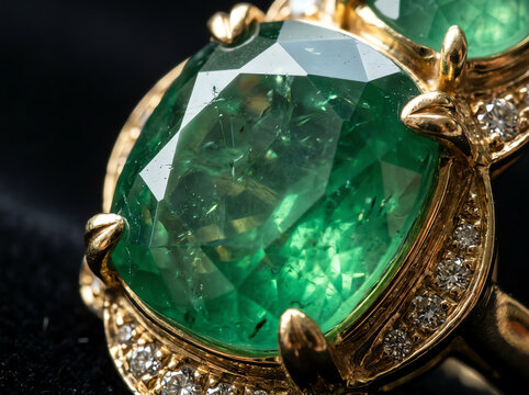 Luxury emerald ring with diamonds, gold setting, close-up macro shot