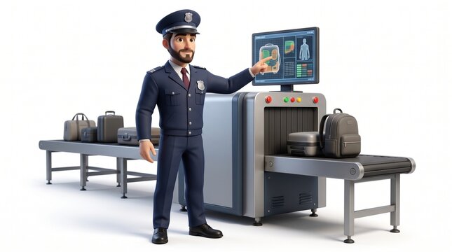 3D Customs Officer Mascot Scanning Baggage on X-Ray Monitor