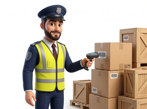 3D Customs Officer Mascot Scanning Cargo Barcode with Scanner
