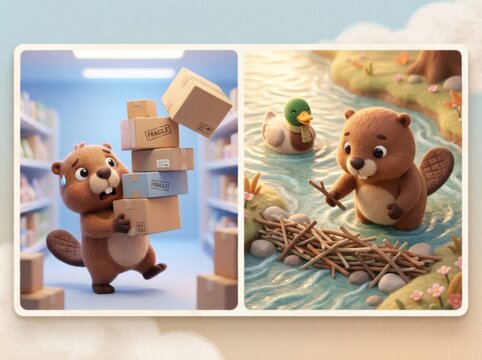 Cute felted beaver with falling tower of delivery boxes vs building dam in stream, Black Friday overconsumption concept